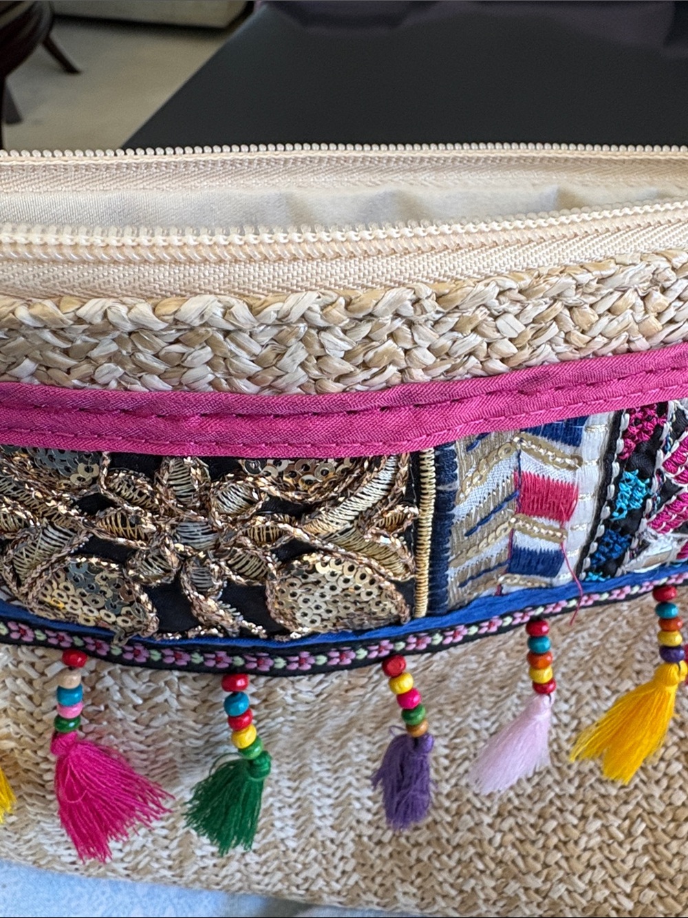 Boho Straw Tote with Pink Trim and Colorful Tassels